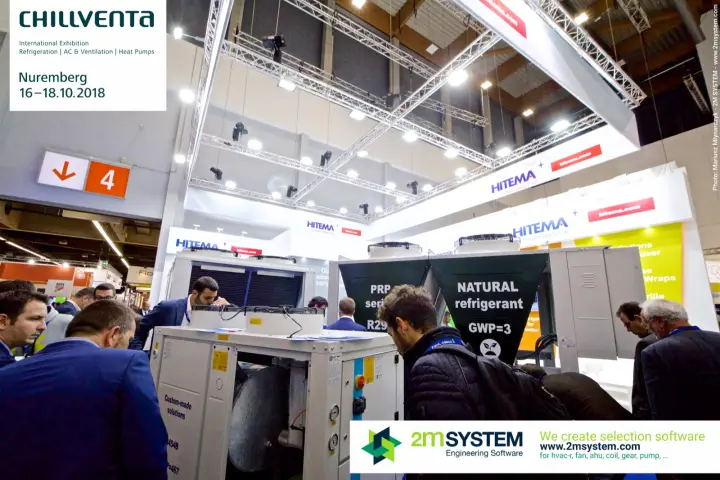 Visitors inspecting Hitema chillers with a natural refrigerant R290 unit at Chillventa 2018