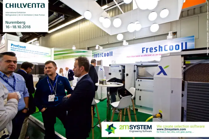 Visitors at the Oxycom stand beside FreshCooll units and PreCooll panel at Chillventa 2018