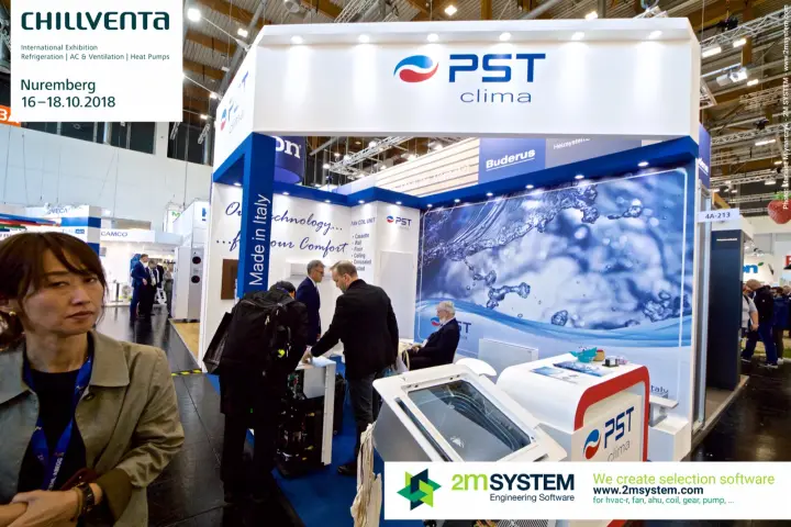 Visitors at the PST Clima stand with a ceiling cassette on display at Chillventa 2018