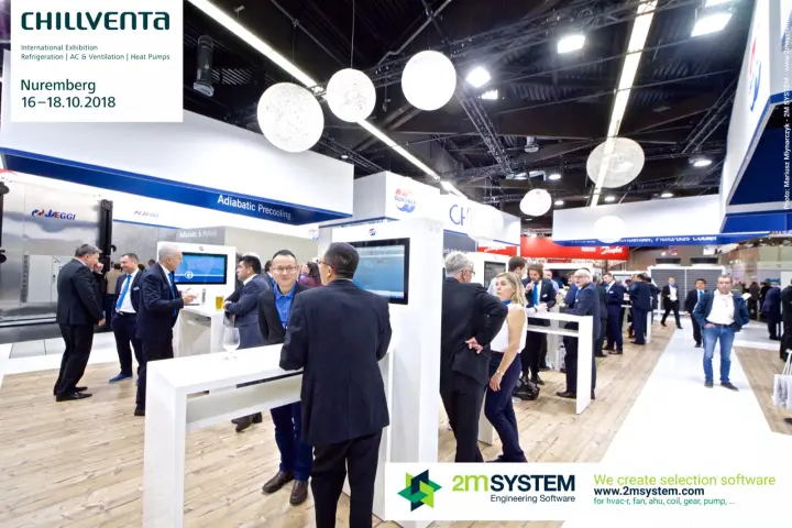 Visitors at screen pillars under the Adiabatic Precooling fascia, Güntner at Chillventa 2018