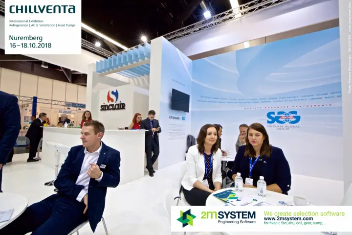 Visitors seated in the Sinclair lounge in front of the SGG partner wall at Chillventa 2018