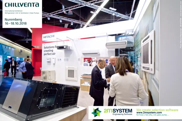 Visitors talk beside a Hitachi cassette unit on the glass wall at Chillventa 2018