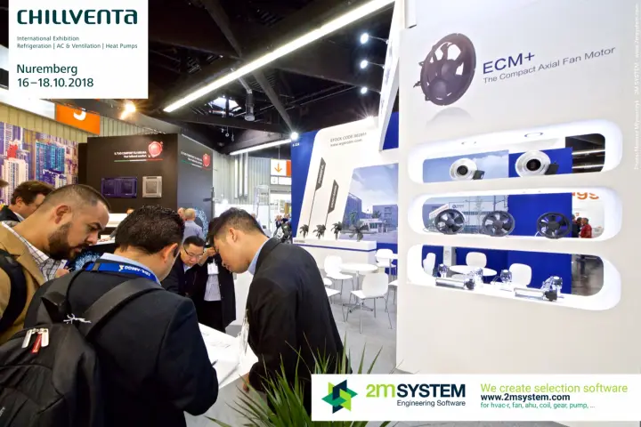 Visitors at the Weiguang counter beside the ECM+ axial fan motor wall at Chillventa 2018
