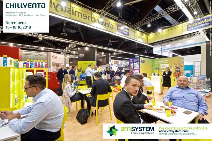 Visitors at yellow meeting tables on the Advanced Engineering stand at Chillventa 2018