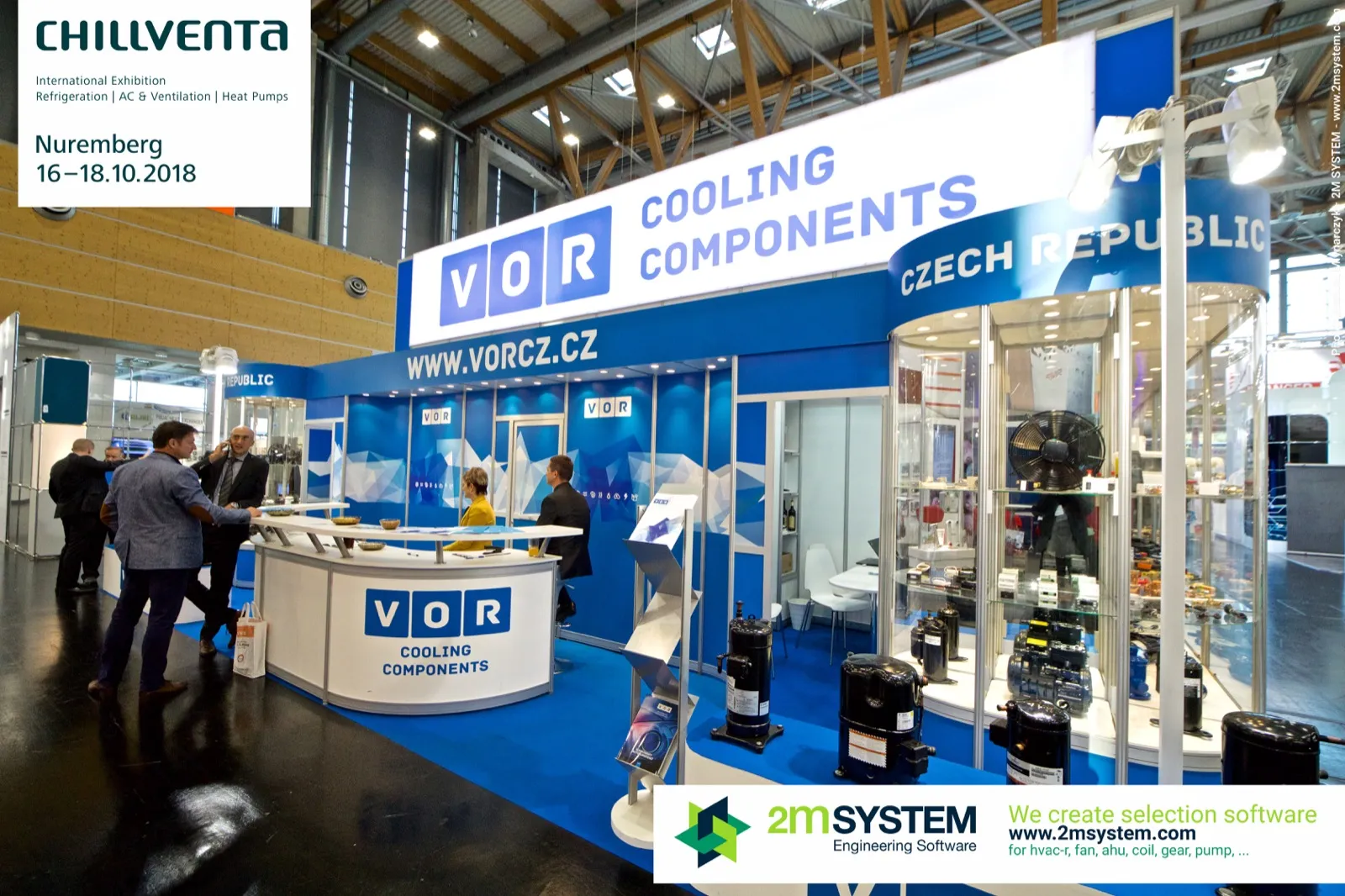 VOR Cooling Components stand with compressors and fans in glass showcases at Chillventa 2018