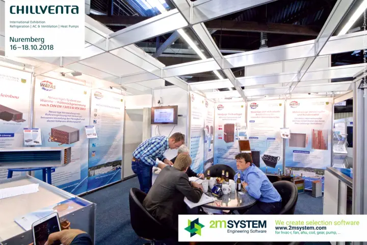 Wätas stand with ducted fan coil and heat exchanger posters at Chillventa 2018