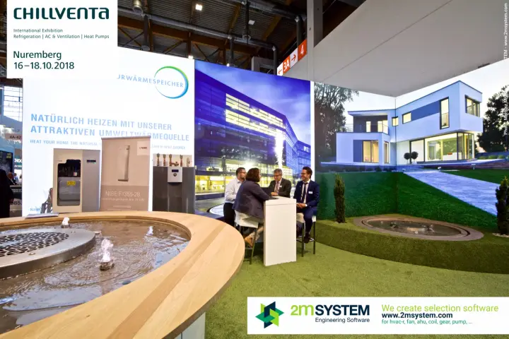 Water basin, heat pumps and garden backdrop on the Naturwärmespeicher stand at Chillventa 2018