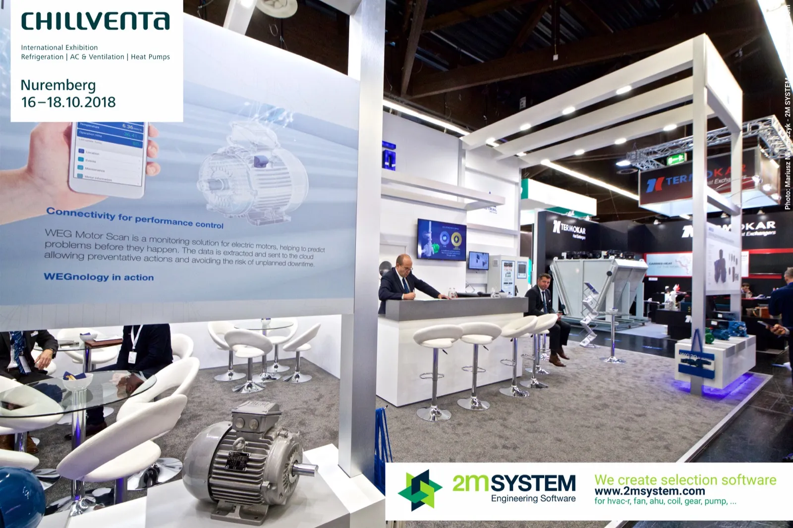 WEG Motor Scan panel and electric motor on the open white WEG stand at Chillventa 2018