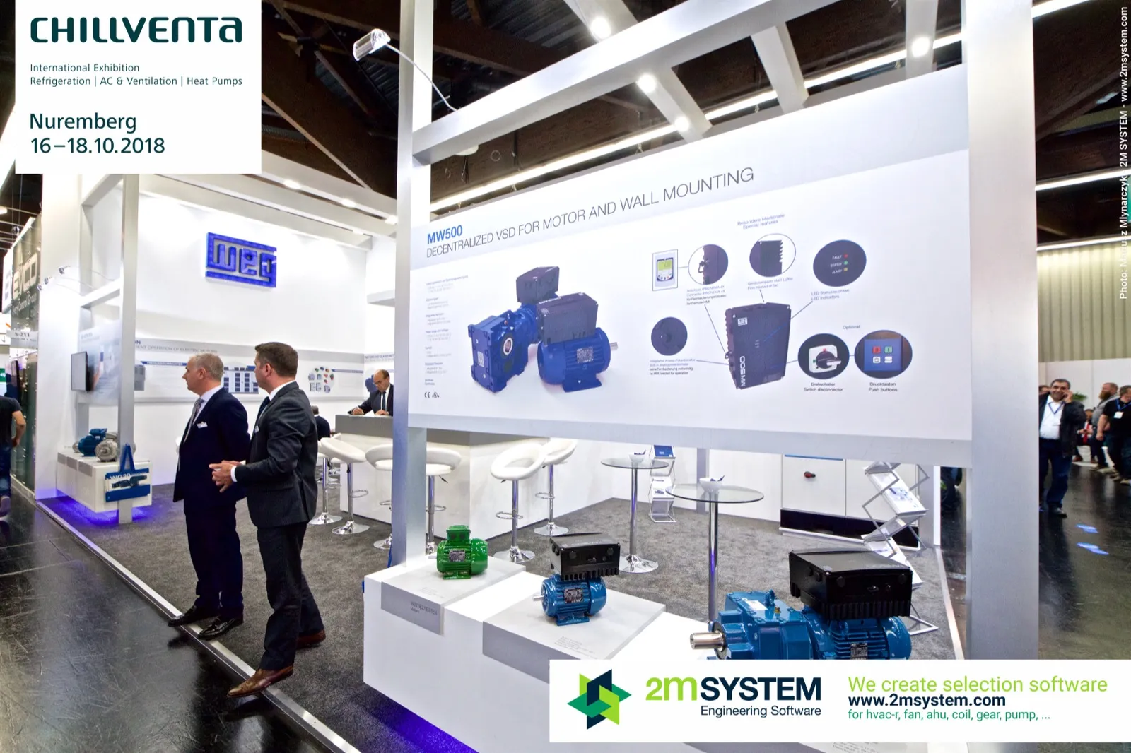 WEG MW500 decentralized VSD panel above blue electric motors at Chillventa 2018