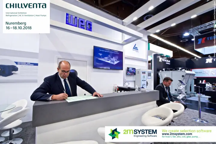 WEG reception counter with screen on pumps and fans and Autrial control panel at Chillventa 2018