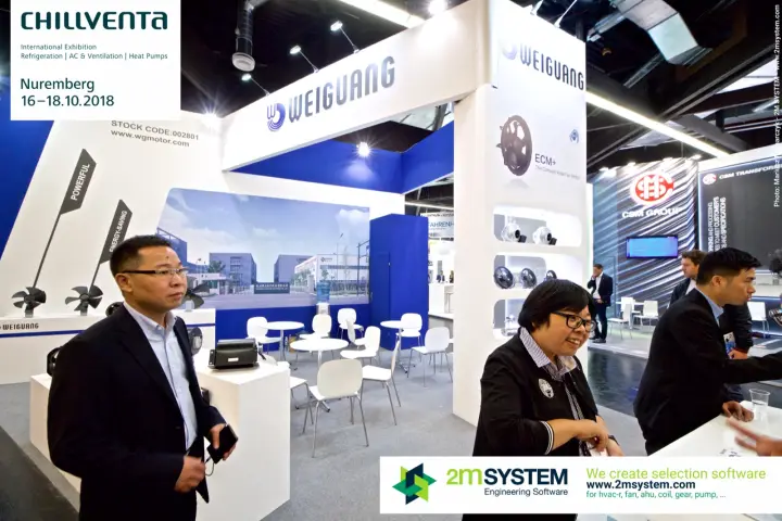 Weiguang stand with axial fan displays and ECM+ motor showcase at Chillventa 2018