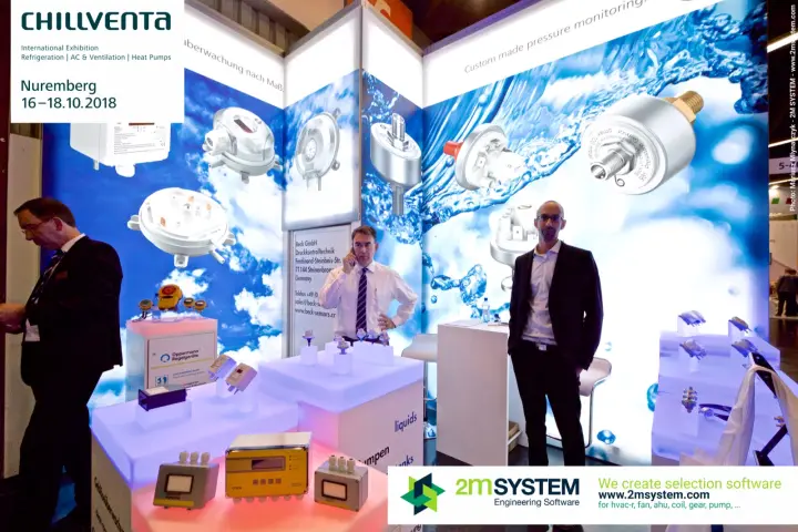 Wide view of Beck Sensortechnik pressure monitoring stand with lit product plinths at Chillventa 2018