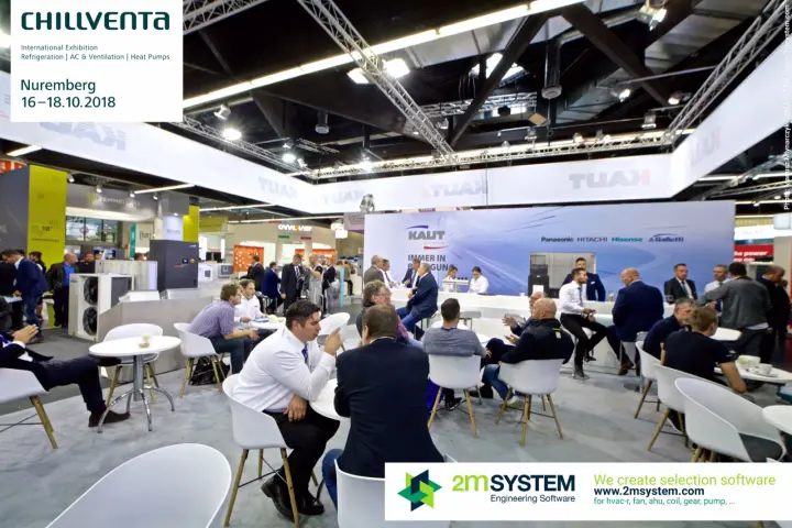 Wide view of the crowded Kaut stand lounge and partner-brand wall at Chillventa 2018