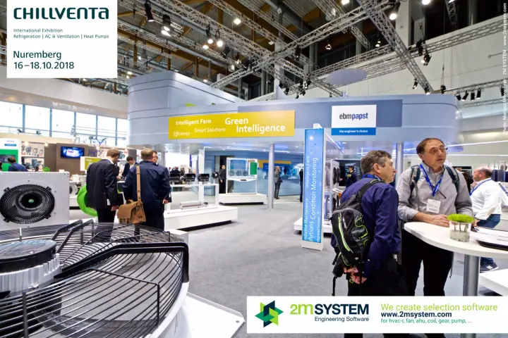 Wide view of the ebm-papst stand with a guarded axial fan in front at Chillventa 2018