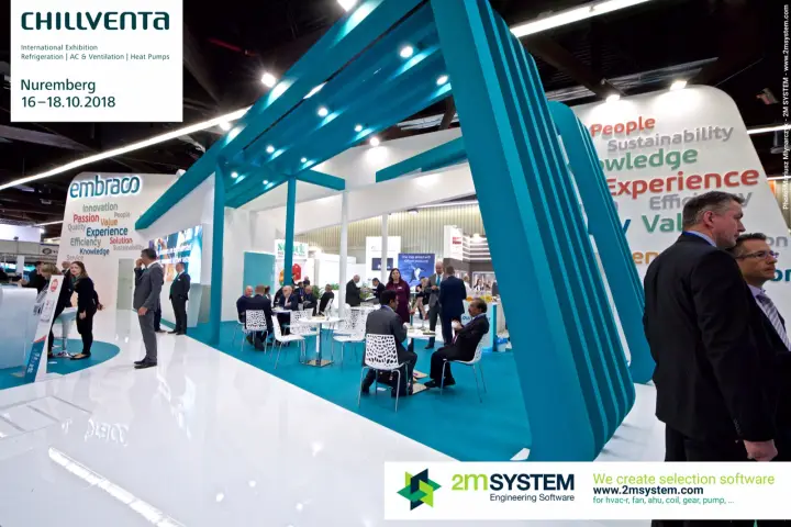 Wide view of Embraco stand with teal frames and busy lounge at Chillventa 2018