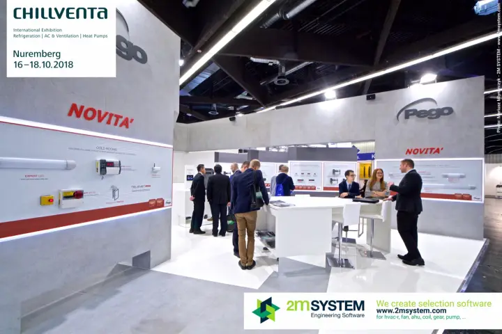 Wide view of the grey Pego stand with Novita' cold room displays