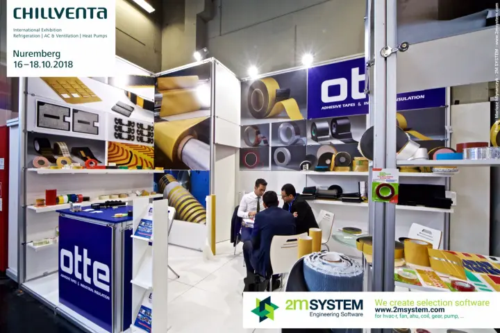 Wide view of the Otte tape stand with blue counter and product shelves at Chillventa 2018