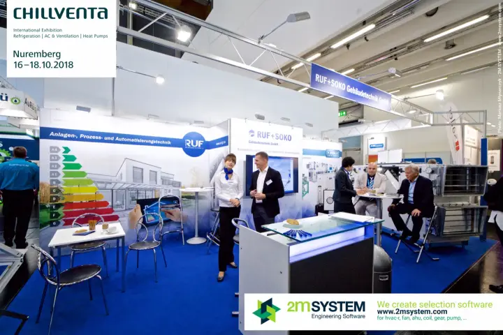 Wide view of the RUF+SOKO stand with seating and air handling unit