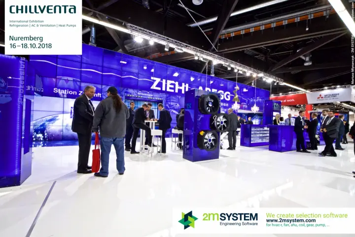 Wide view of the Ziehl-Abegg stand with Station Zukunft and fan column at Chillventa 2018