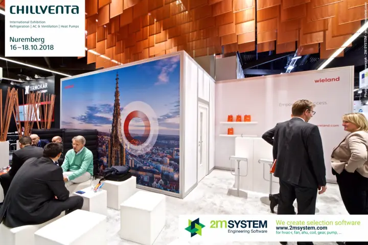 Wieland lounge with cube seating and a large cityscape graphic with a Gothic spire at Chillventa 2018