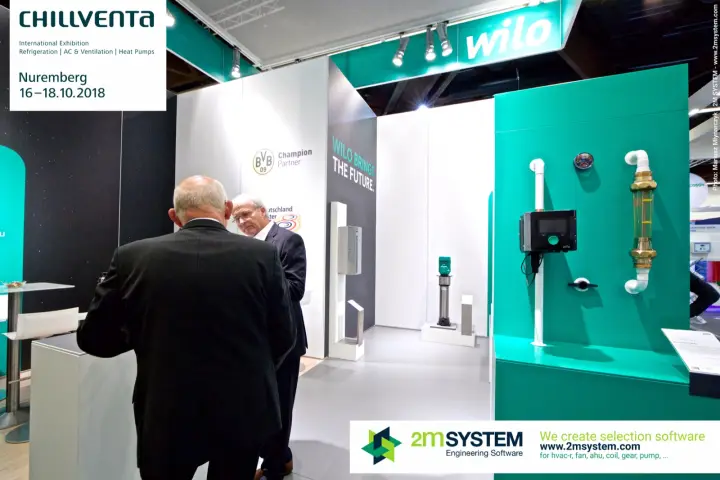 Wilo pump displays and the slogan WILO BRINGS THE FUTURE. at Chillventa 2018