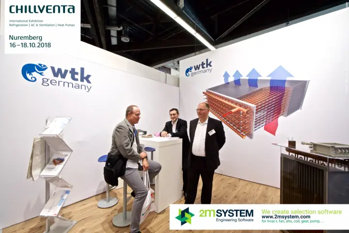 WTK Germany stand with a large finned coil graphic and meeting table at Chillventa 2018