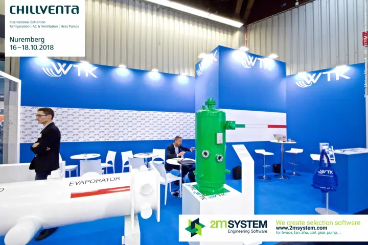 WTK stand with white shell-and-tube evaporator and green pressure vessel at Chillventa 2018