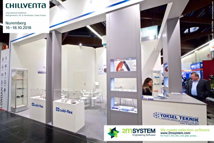 Yüksel Teknik stand with Cold-Flex product plinths and lit niches at Chillventa 2018