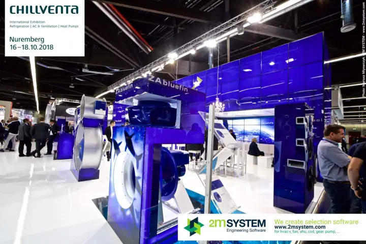 ZAbluefin centrifugal fans on blue display frames at Ziehl-Abegg at Chillventa 2018