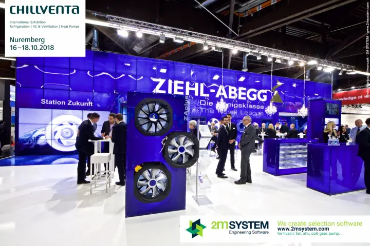 ZAplus axial fans on a blue panel in front of the Ziehl-Abegg facade at Chillventa 2018