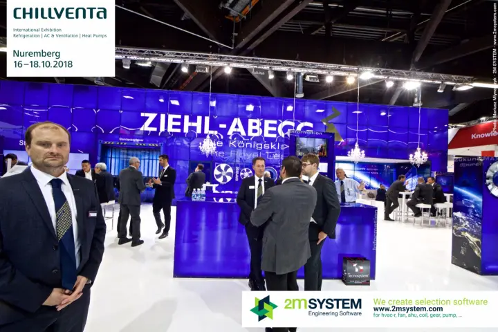 Ziehl-Abegg main facade and blue information counter with visitors at Chillventa 2018