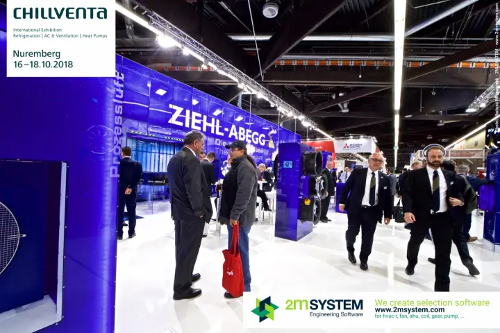 Ziehl-Abegg stand seen from the aisle with axial fan column and blue glass walls at Chillventa 2018