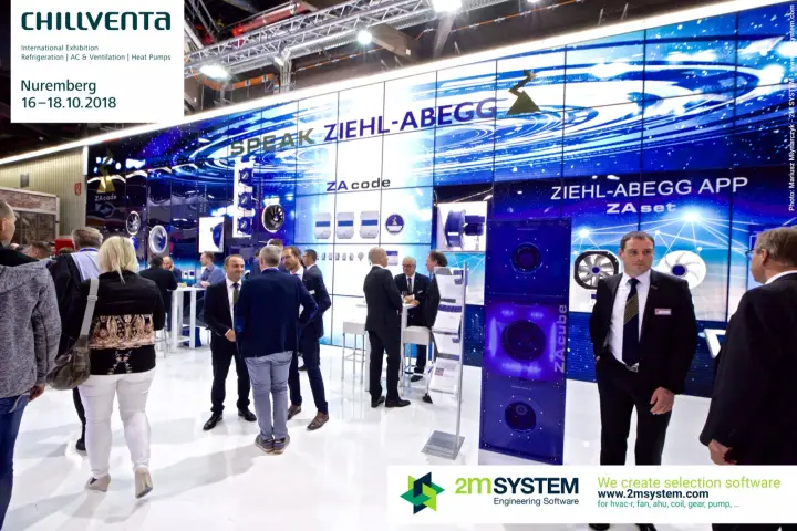 Ziehl-Abegg stand with 'Speak Ziehl-Abegg' LED wall and ZAcube fan module at Chillventa 2018