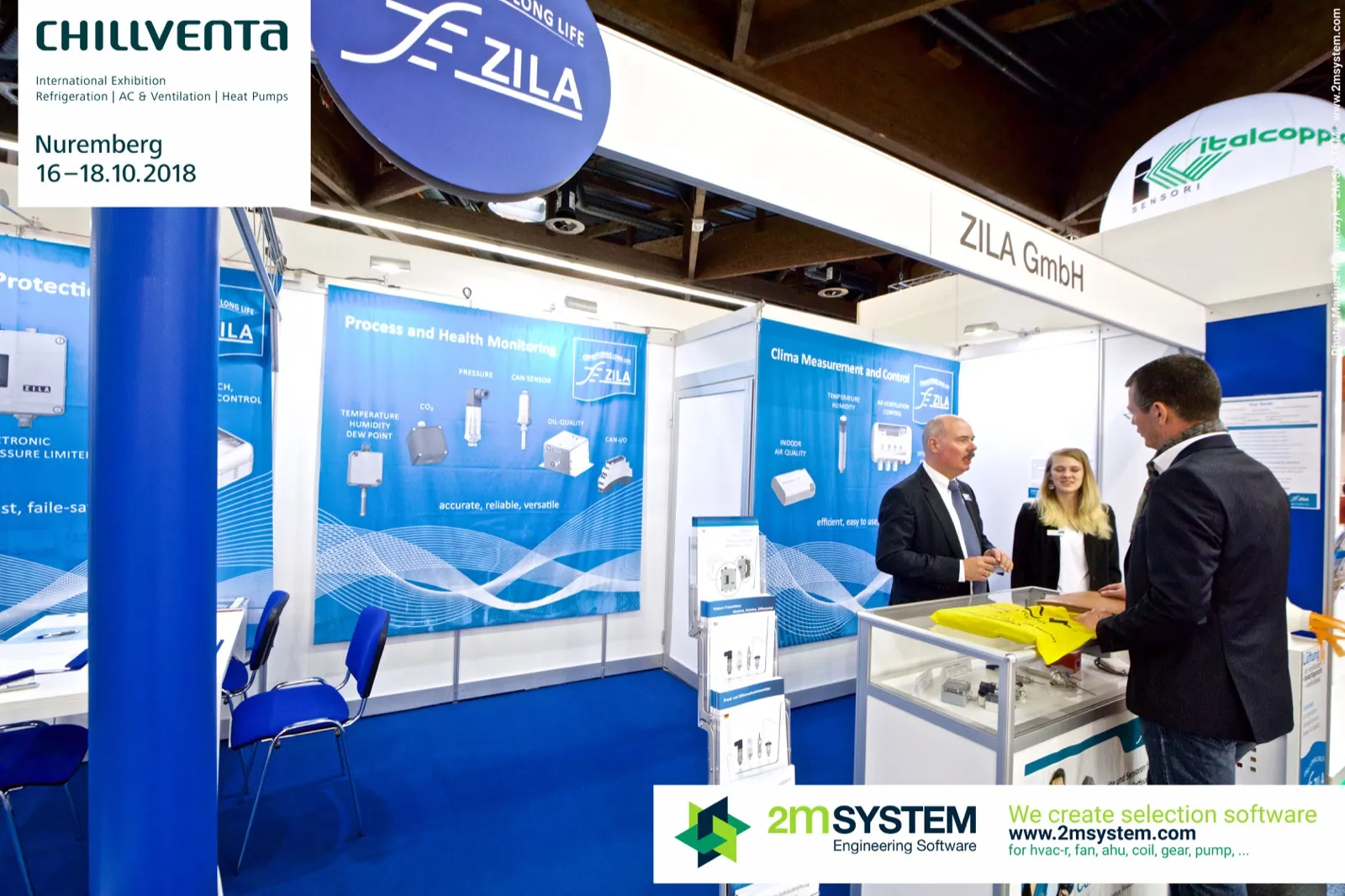 ZILA "Process and Health Monitoring" panel with CO2, pressure and oil-quality sensors at Chillventa 2018