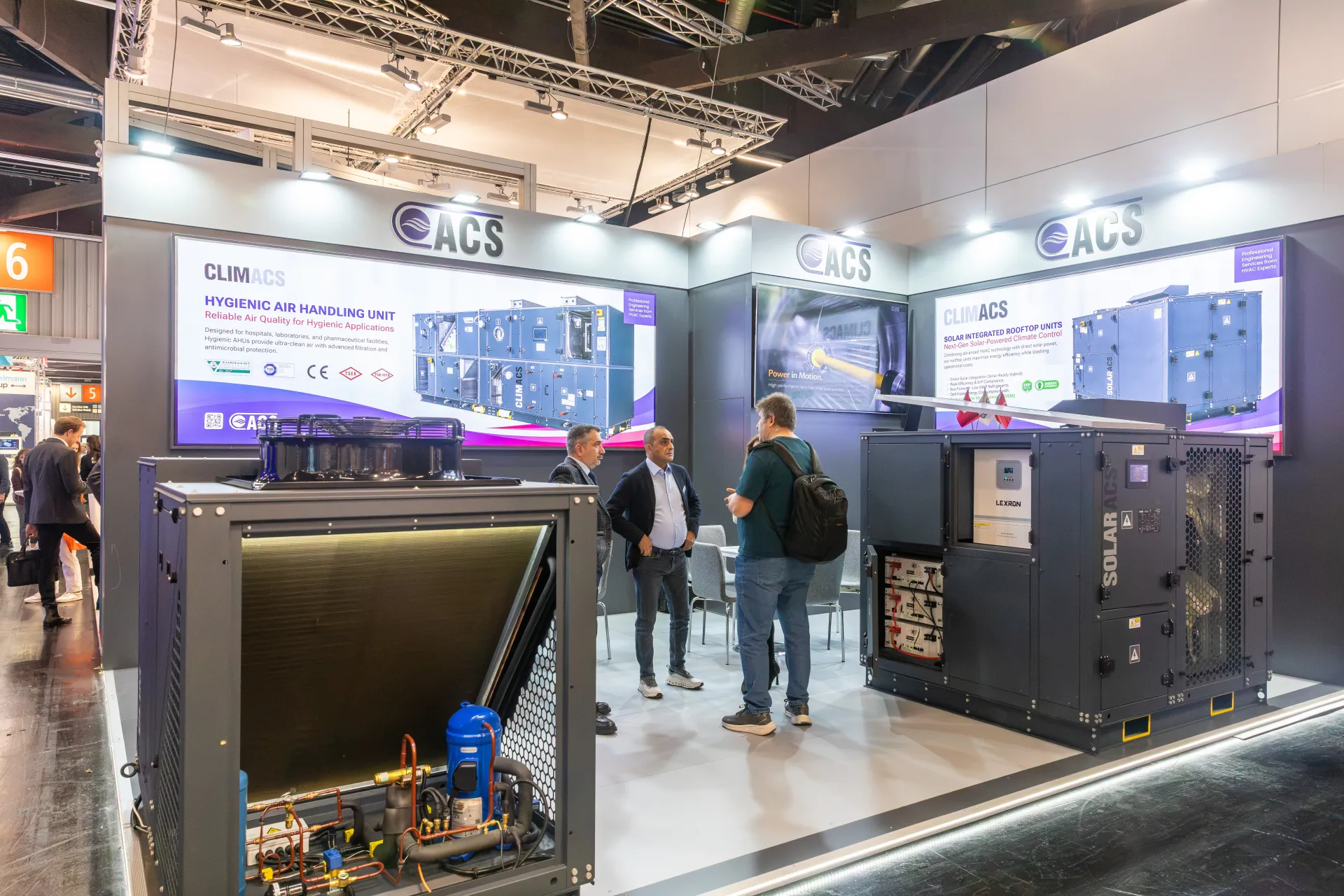ACS stand with Climacs hygienic AHU graphics and a solar rooftop unit at Chillventa 2026