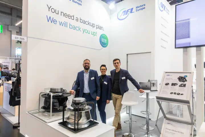 AFL Motors Europe corner with large EC impeller fans and B3P190 leaflet at Chillventa 2026