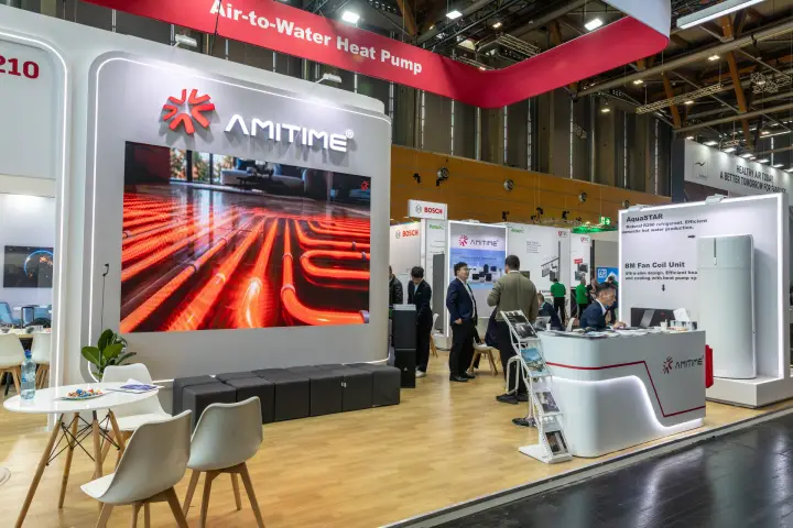 Amitime LED wall with underfloor heating visual and AquaSTAR display at Chillventa 2026