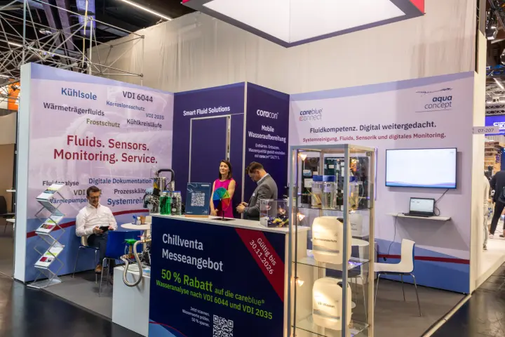 Aqua Concept stand promoting careblue water analysis and coracon treatment