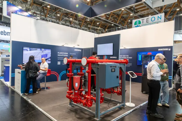 Armstrong pump skid with red pipework and control panel at Chillventa 2026