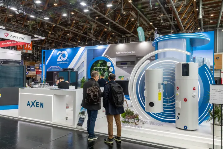 Axen 20th anniversary stand with domestic hot water heat pumps at Chillventa 2026
