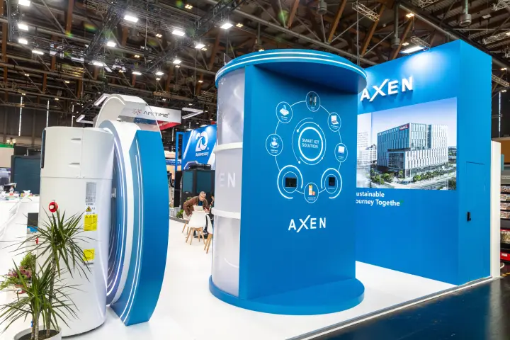 Axen stand with a Smart IoT Solution column and heat pump water heater at Chillventa 2026