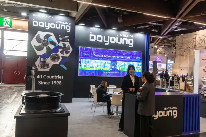 Bayoung Ventilator stand 7-203 with a large fan and a factory photo panel at Chillventa 2026