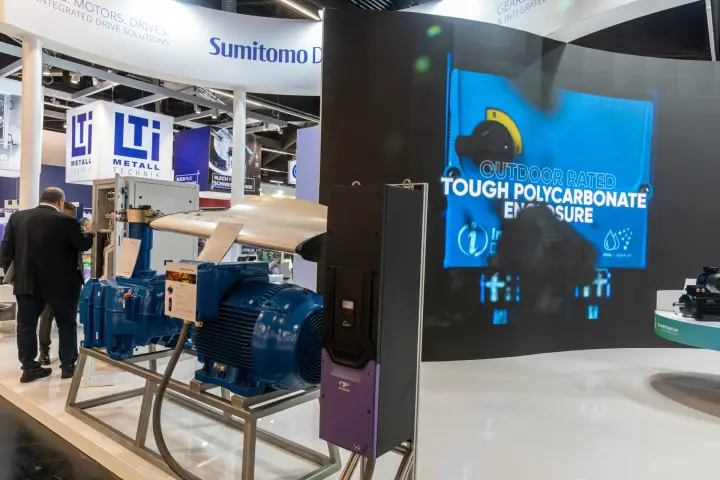 Blue drive motor package and Optidrive inverter on the Sumitomo stand at Chillventa 2026