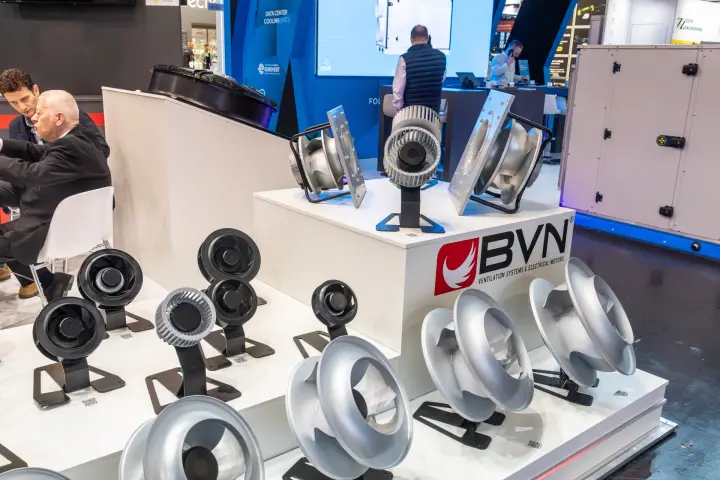 BVN aluminium impellers and plug fans on a stepped white display
