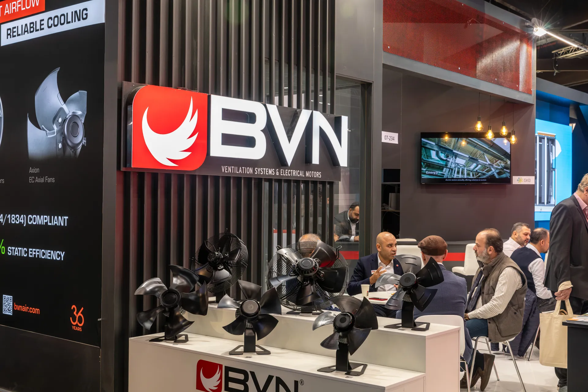 BVN axial fan impellers with sickle blades below the backlit logo at Chillventa 2026