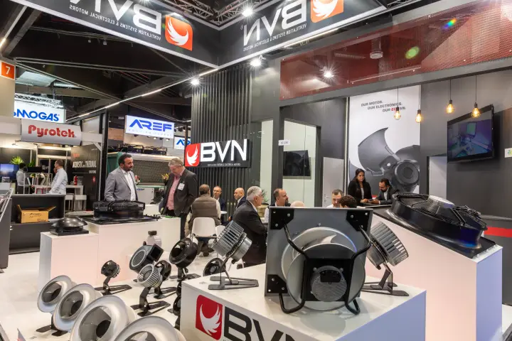 BVN display of centrifugal impellers and plug fans under the hanging sign at Chillventa 2026