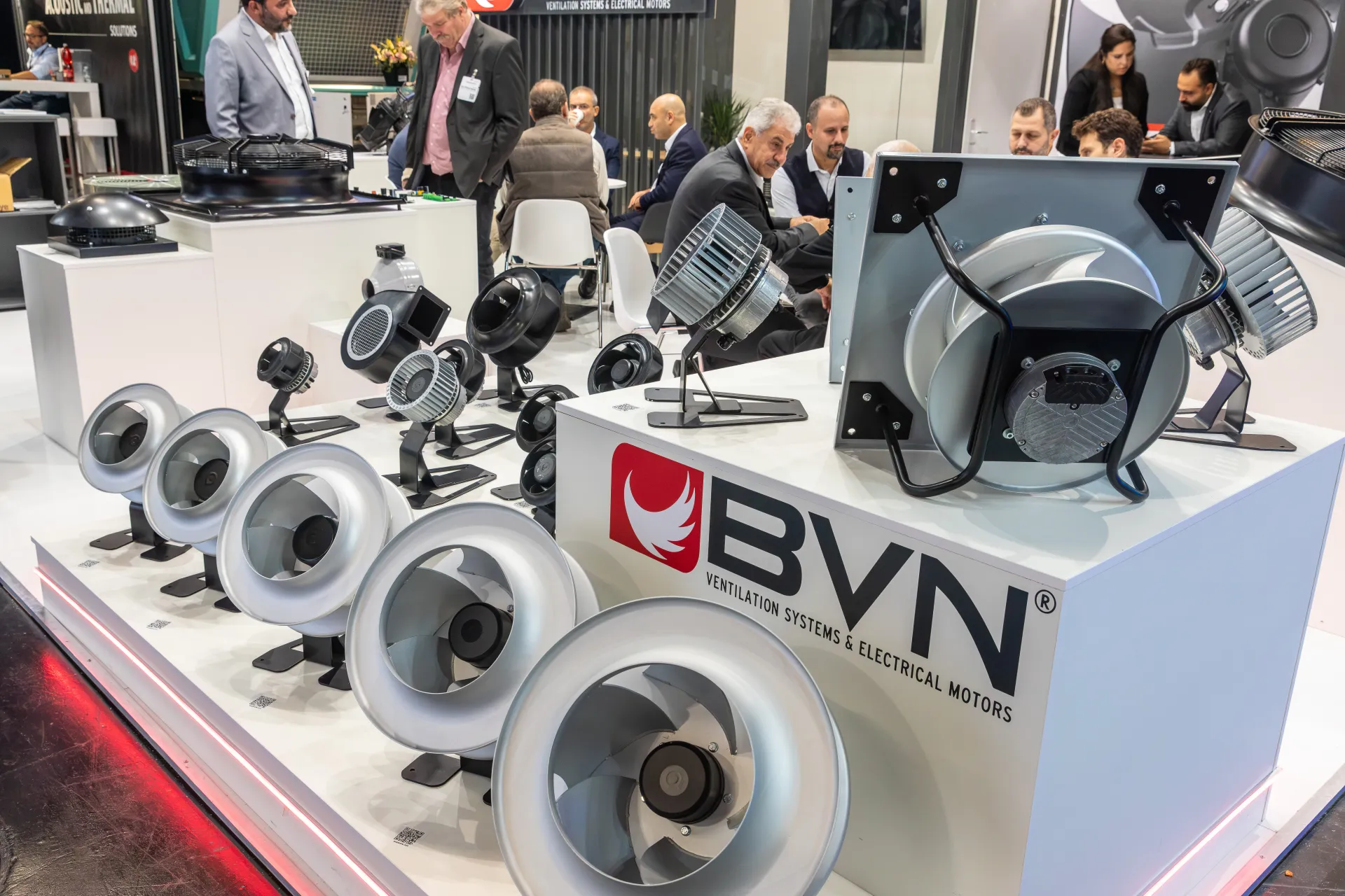 BVN EC plug fans and aluminium centrifugal impellers on a white plinth at Chillventa 2026