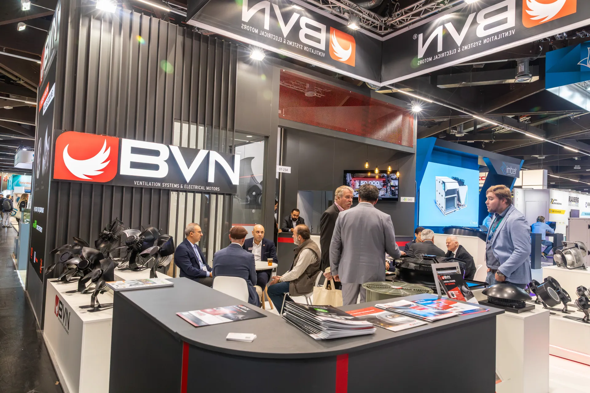 BVN stand front with reception counter and axial fan display at Chillventa 2026