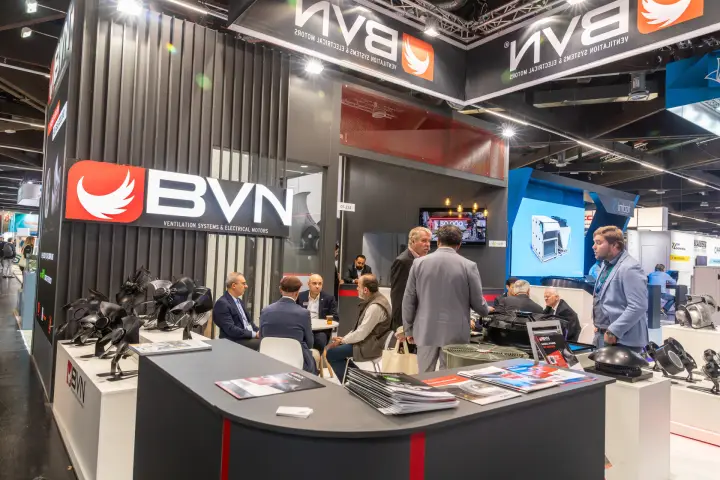 BVN stand front with reception counter and axial fan display