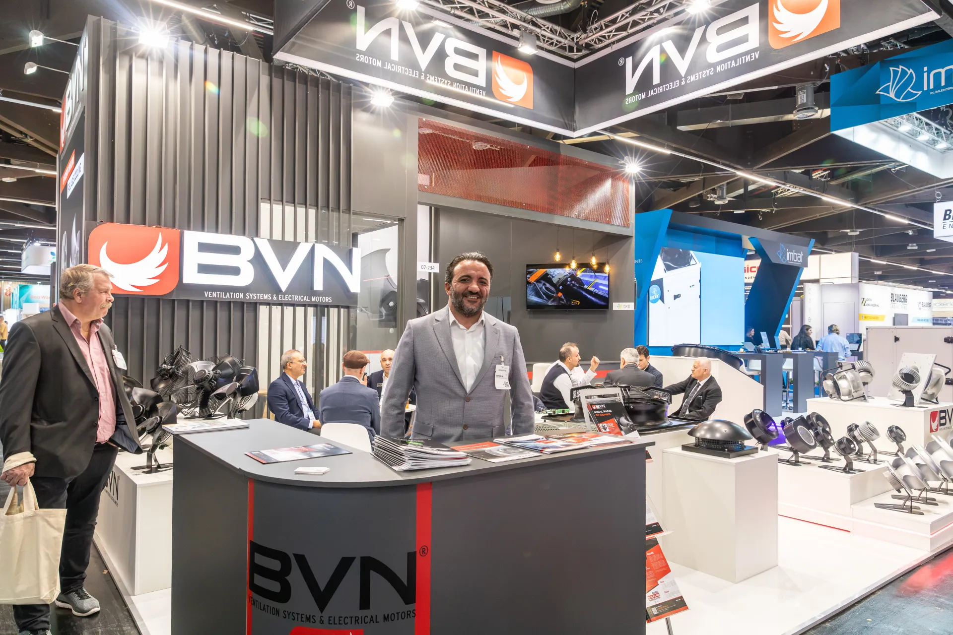 BVN stand with suspended logo banner, counter and fan displays at Chillventa 2026